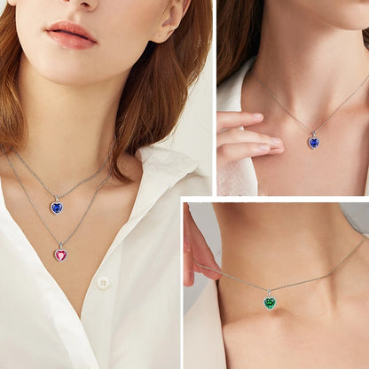 May Birthstone Necklace Women Green Heart Necklace Emerald Crystal CZ 925 Sterling Silver Pendant Jewelry Birthday Mother'S Day Gift